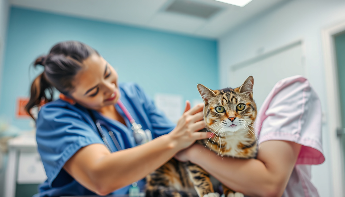  Compassionate LSB-RVT technician comforting a cat, clean pet care facility environment