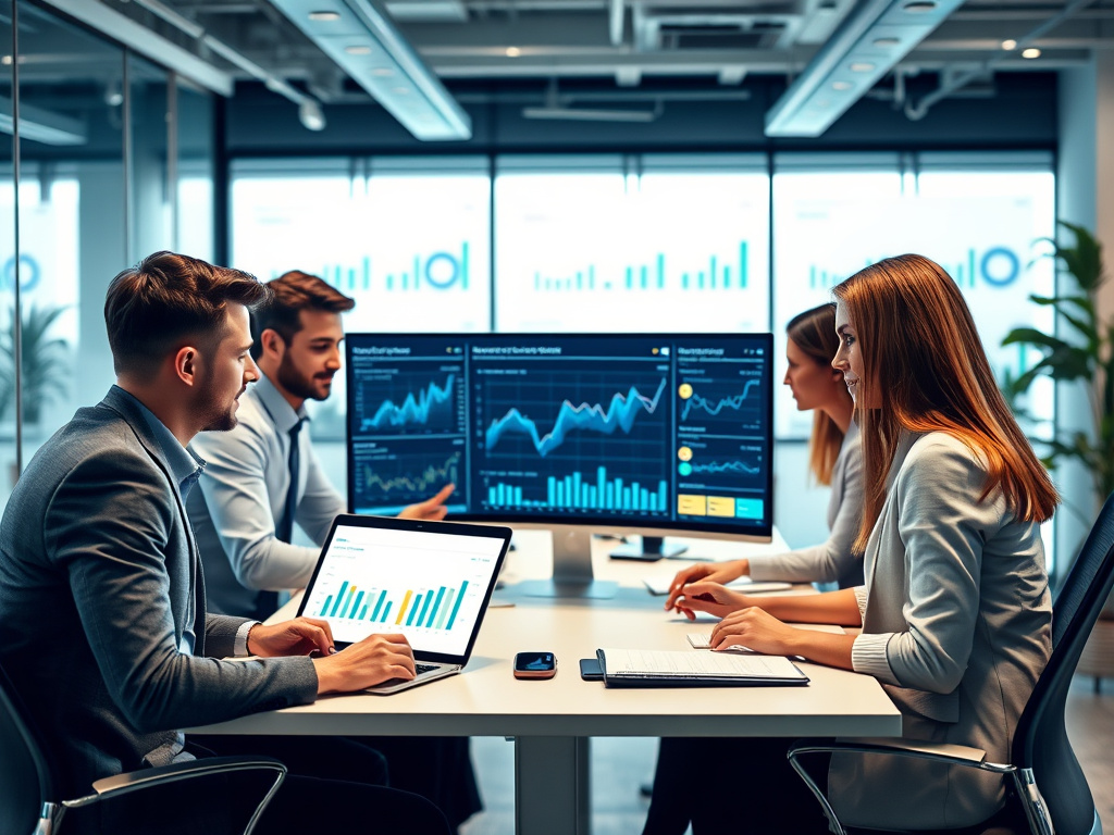 Professional team analyzing website analytics in a modern office setting, emphasizing digital strategy and data-driven decision making