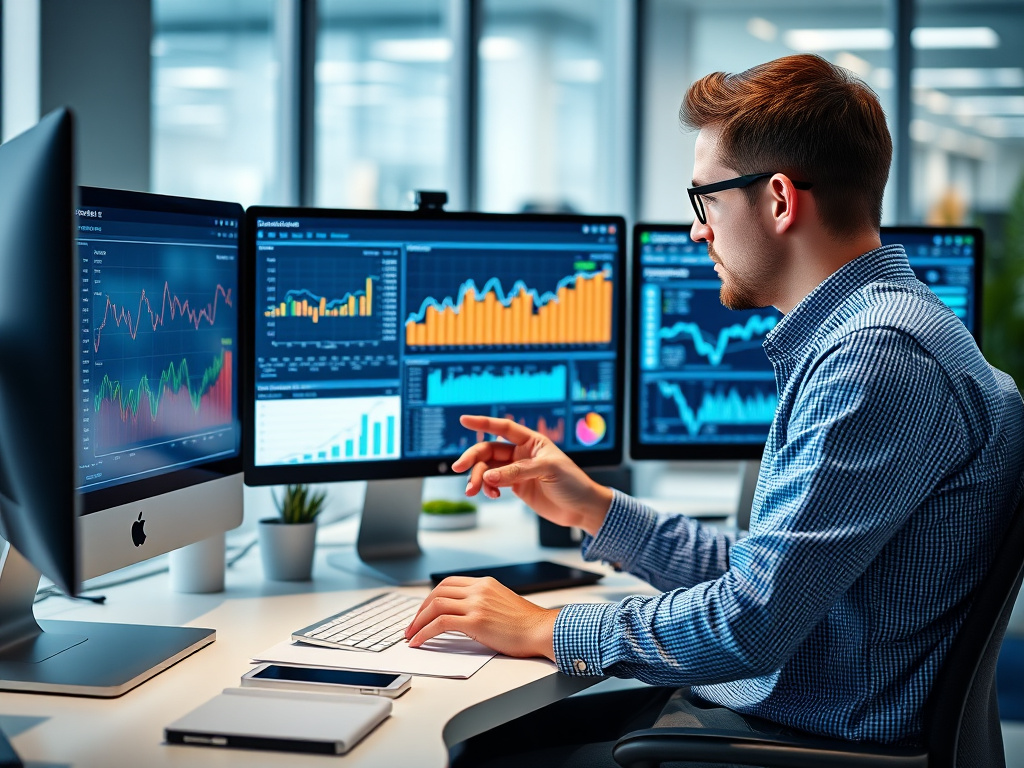 digital analyst reviewing website performance data on multiple screens in a modern office setting