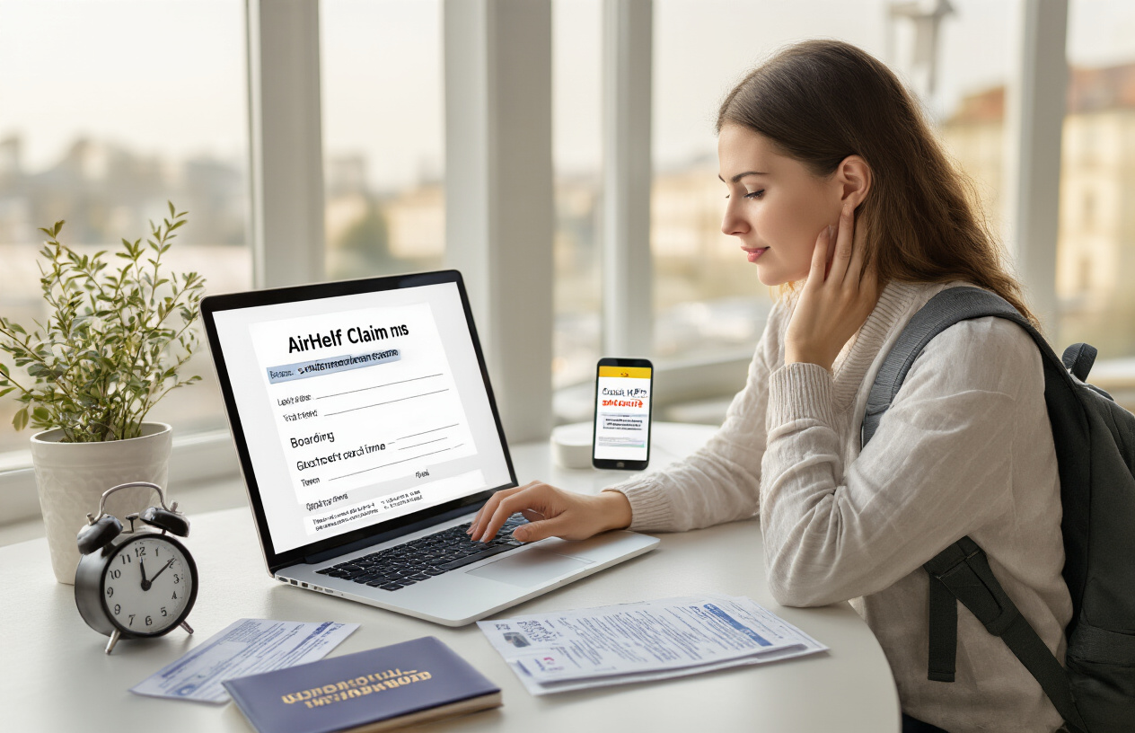 Create a realistic image of a white female traveler sitting at a desk with a laptop, completing an AirHelp claim form on screen, with flight documents and boarding passes nearby, a clock showing quick processing time, smartphone displaying confirmation message, natural lighting from a window, and a relieved expression on her face.