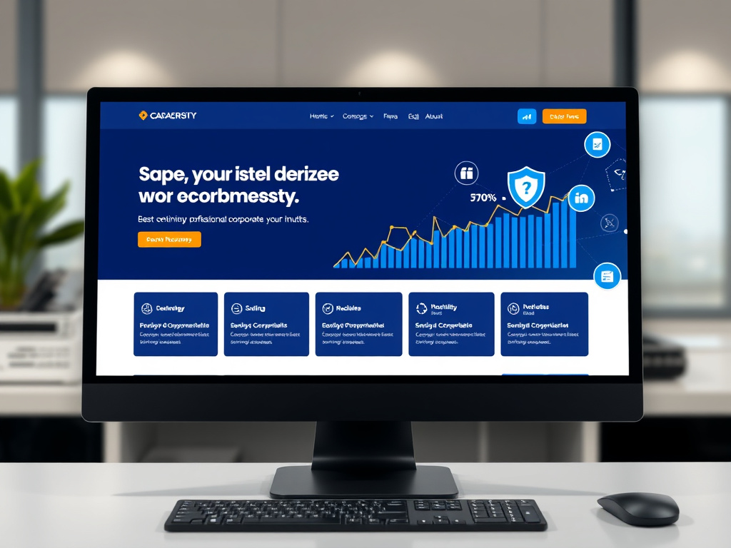 professional corporate website on a desktop with performance analytics and security icons