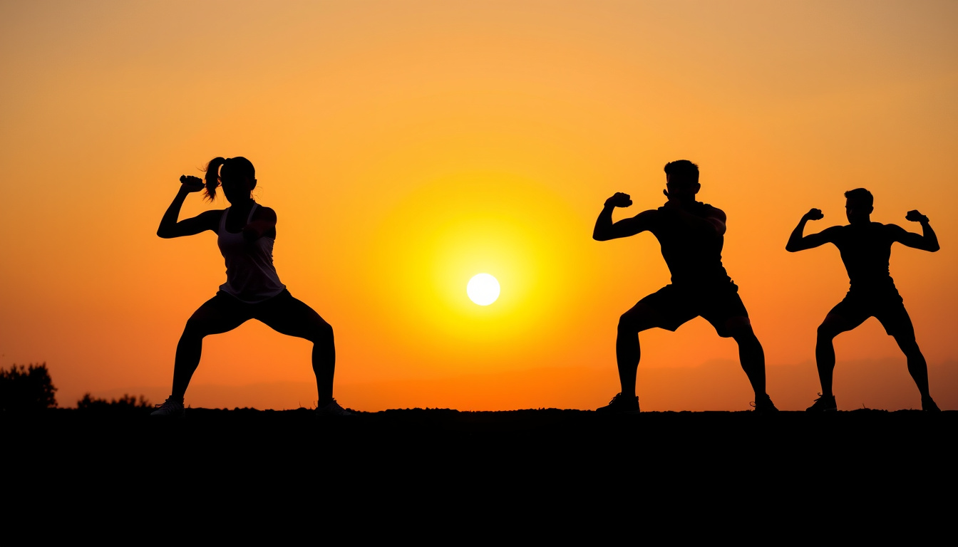  Dynamic athletes doing squats and lunges against a sunrise backdrop