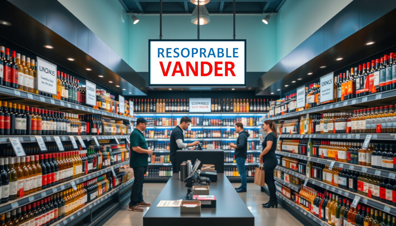Modern liquor store with responsible vendor signage, attentive staff, compliance documents visible, bright organized shelves