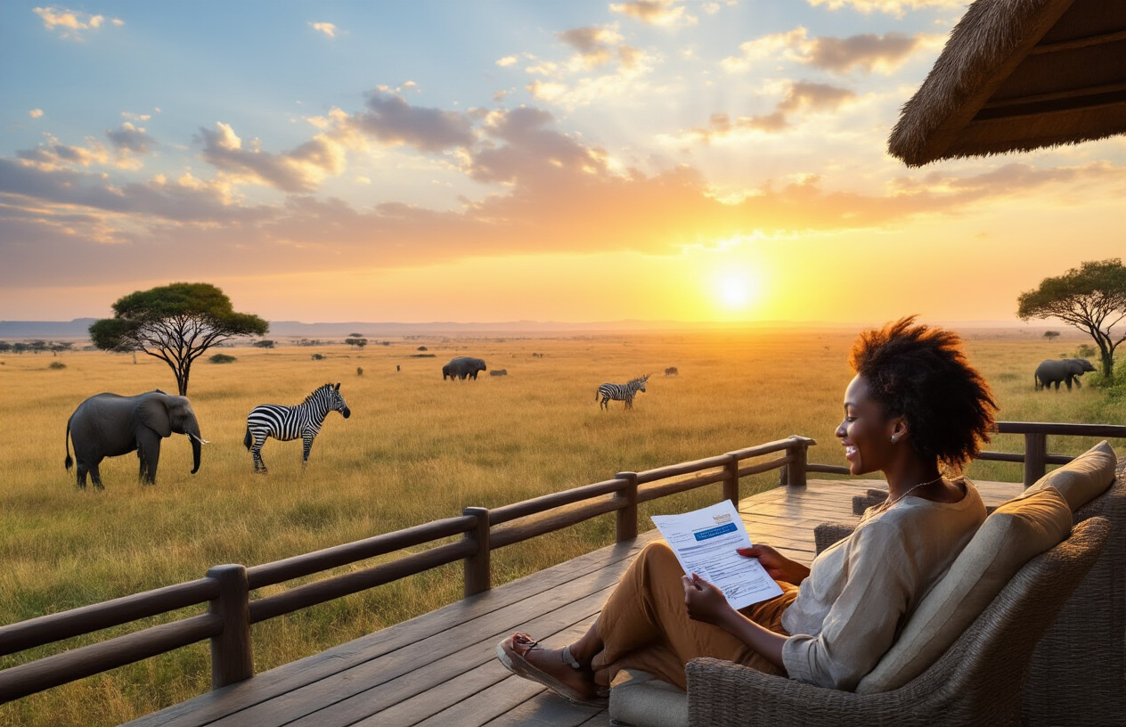 Create a realistic image of a smiling Black female traveler relaxing on a safari lodge deck with a panoramic view of African savanna at sunset, holding her travel insurance documents, with a serene expression conveying peace of mind while zebras and elephants roam in the distance.