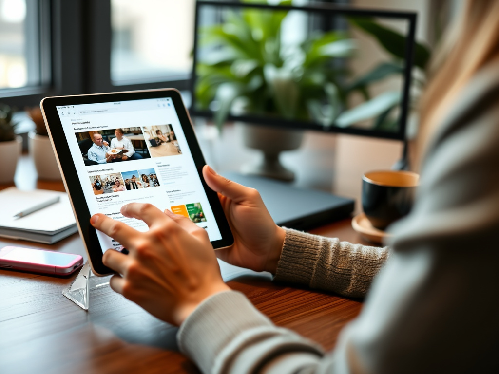 content strategist analyzing blog posts and content metrics on a tablet in a professional workspace