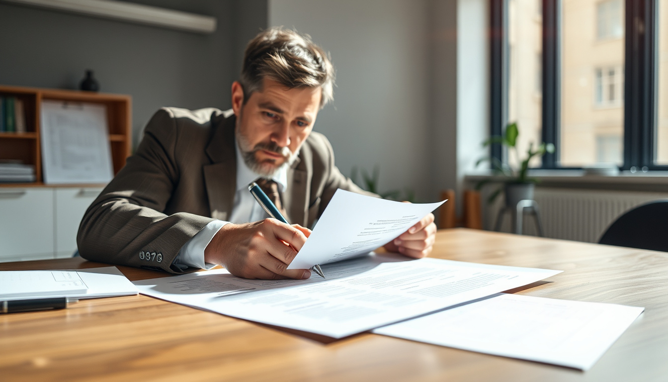  small business owner signing government contract, focused expression, bright workspace, official documents on table