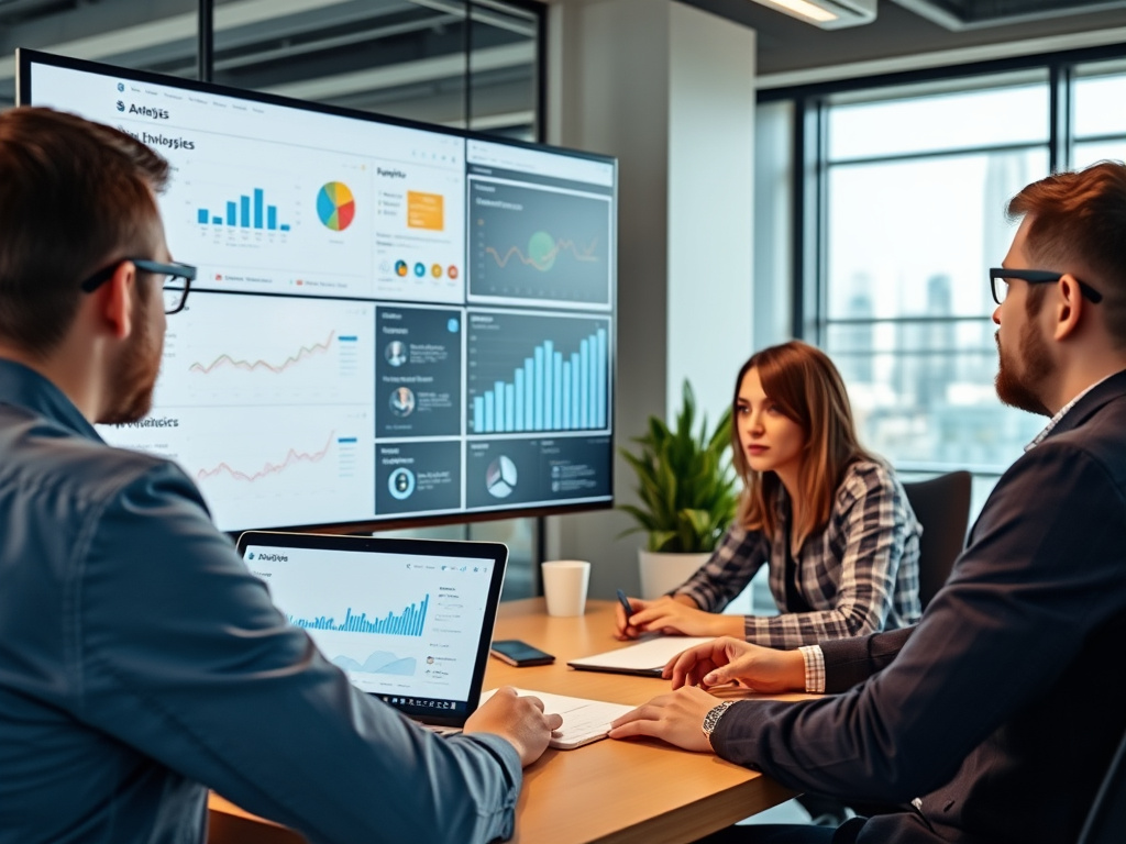 professional team analyzing website analytics on a large screen in a corporate office