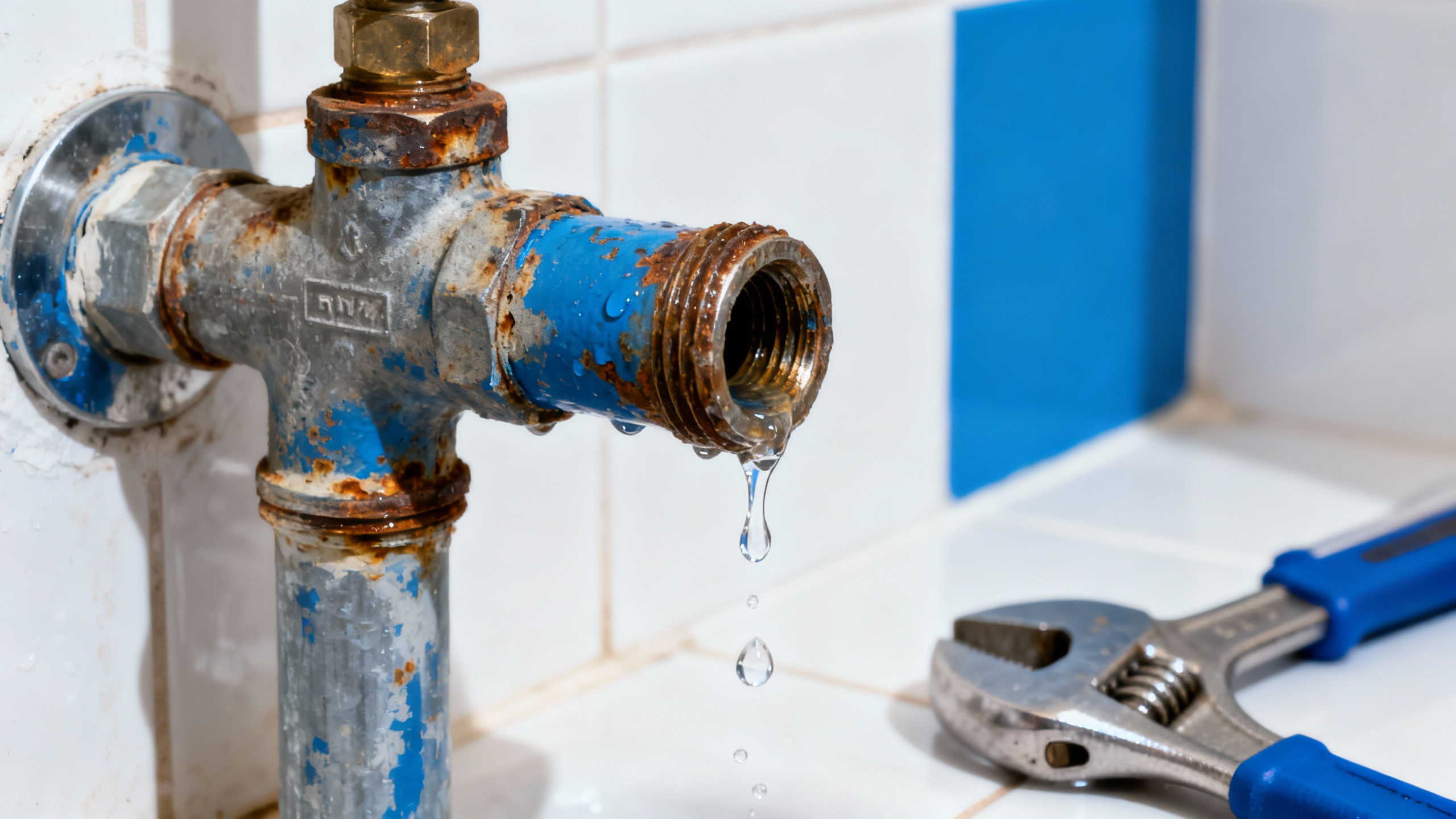  close-up of water dripping from old pipe, urgent repair needed in Tel Aviv home