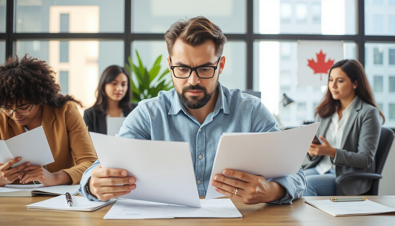  A stressed individual reviewing bills and debt plans in a modern office