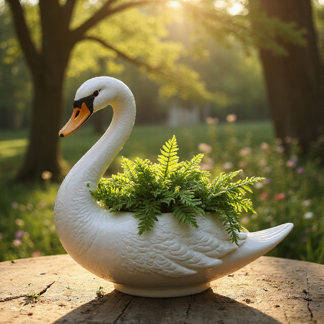 Swan planter styled with plants on a South African patio