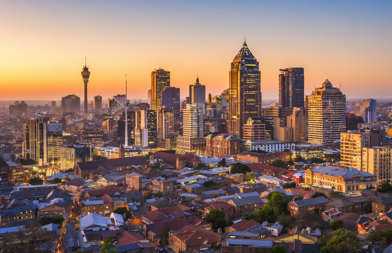 Where to Stay in Johannesburg: 15 Best Places for First-Time Visitors 10 Create a realistic image of the Johannesburg skyline at sunset with iconic buildings illuminated, showing a diverse cityscape with both modern high-rises and historical architecture, warm golden light casting over the city, suggesting a welcoming atmosphere for visitors exploring South Africa's vibrant metropolis.