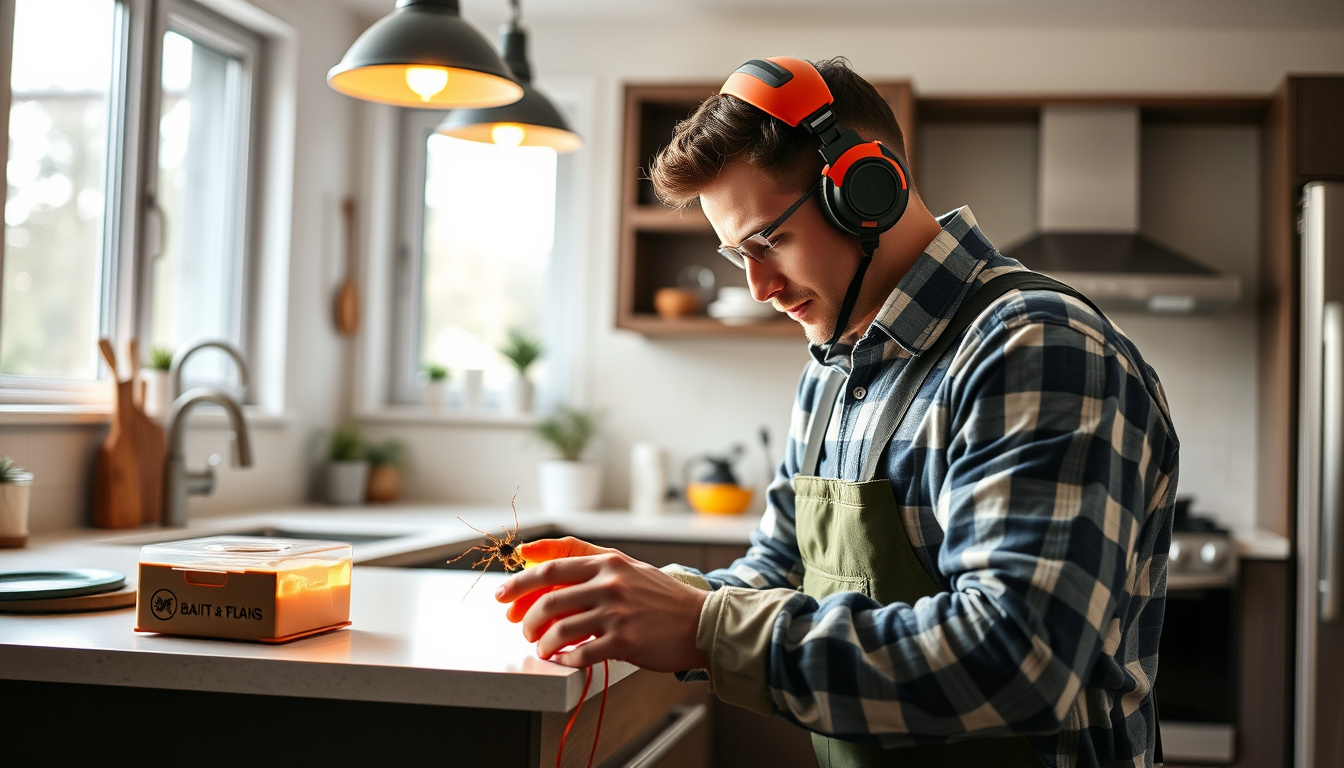  Professional exterminator setting up bait traps in a modern home kitchen, focused expression