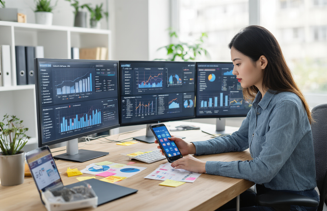 Create a realistic image of a professional Asian female digital marketer analyzing social media metrics on multiple screens, with graphs and charts showing engagement rates and content performance, a smartphone displaying various social media platforms, and sticky notes with optimization tips visible on the desk, in a modern office with soft natural lighting creating a focused atmosphere.