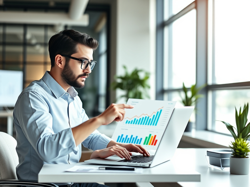 SEO specialist analyzing website performance metrics on a laptop in a modern office