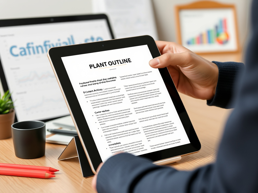 professional content strategist planning article outline on digital tablet with SEO metrics in the background