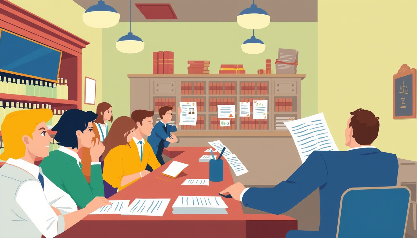 A busy bar with patrons, legal documents, and a judge overseeing the scene