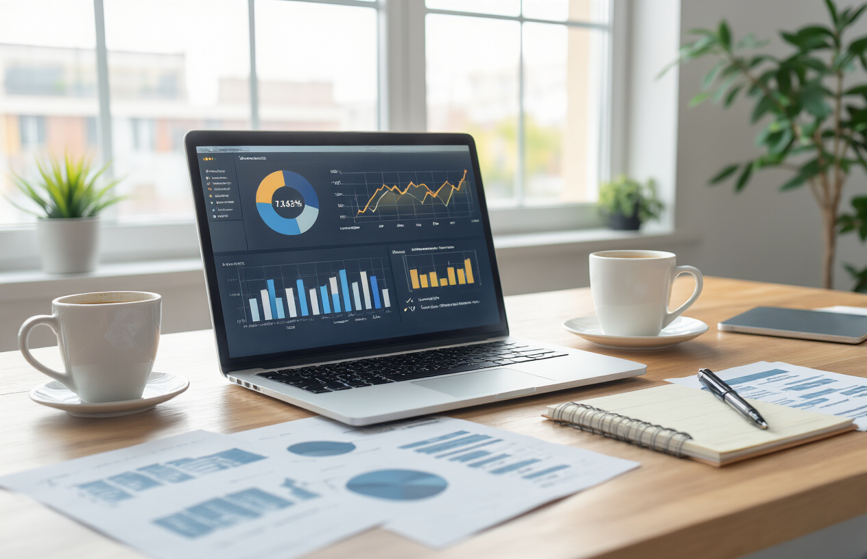 Create a realistic image of a professional workspace scene showing successful digital marketing results, featuring a clean modern desk with an open laptop displaying analytics graphs and upward trending charts, scattered business documents and reports, a coffee cup, and a notepad with checkmarks, set against a bright office background with natural lighting streaming through windows, conveying achievement and completion of a successful HARO link building campaign. Absolutely NO text should be in the scene.