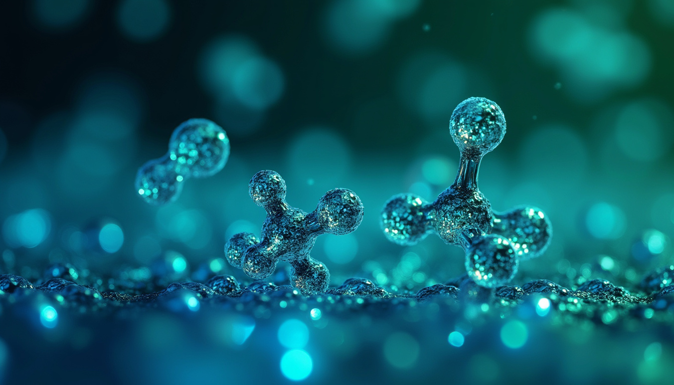  Molecular structures interacting with substrate surfaces, glowing blue and green tones