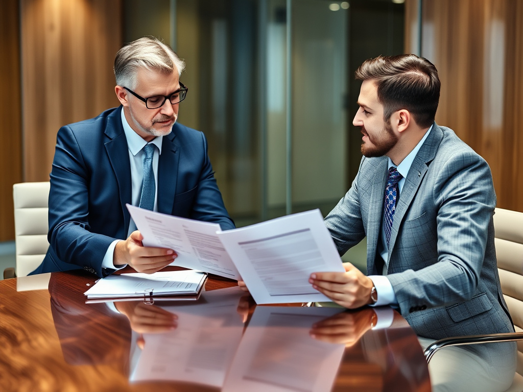 business professional reviewing SEO proposal document with client in a corporate conference room