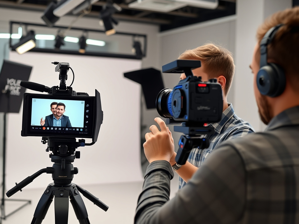 professional content creator recording a video tutorial with a high-quality camera in a corporate studio setup