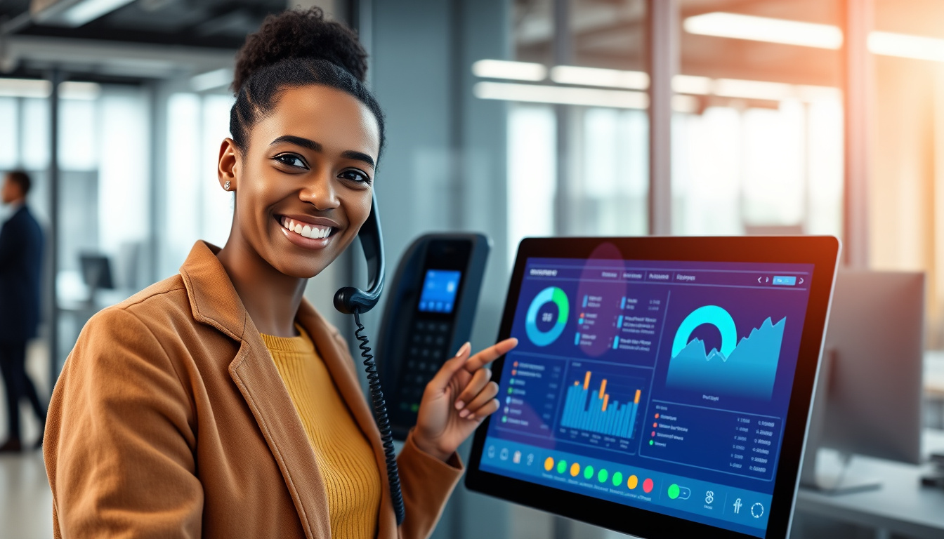  smiling customer interacting with automated phone system, sleek digital dashboard, modern office background
