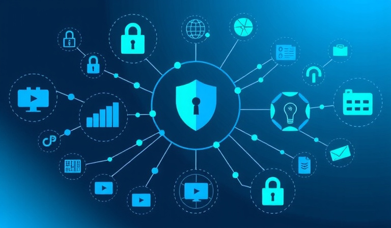 modern infographic illustration showing data security concepts with lock icons, shield symbols, encryption visuals, and network protection diagrams in corporate blue color scheme