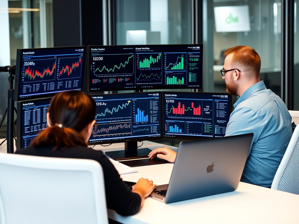 professional digital marketing team analyzing SEO performance metrics on multiple screens in a corporate office