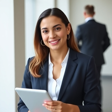 professional portrait of a young hispanic woman, smiling, business attire, holding a tablet, bright office background