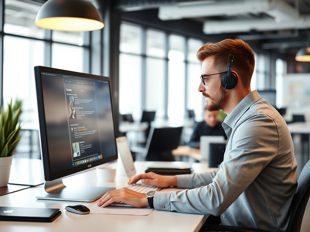 business professional designing an email marketing campaign on a desktop computer in a modern office