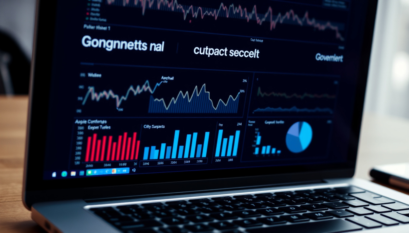  close-up of laptop screen displaying charts and graphs on government contracts, business setting