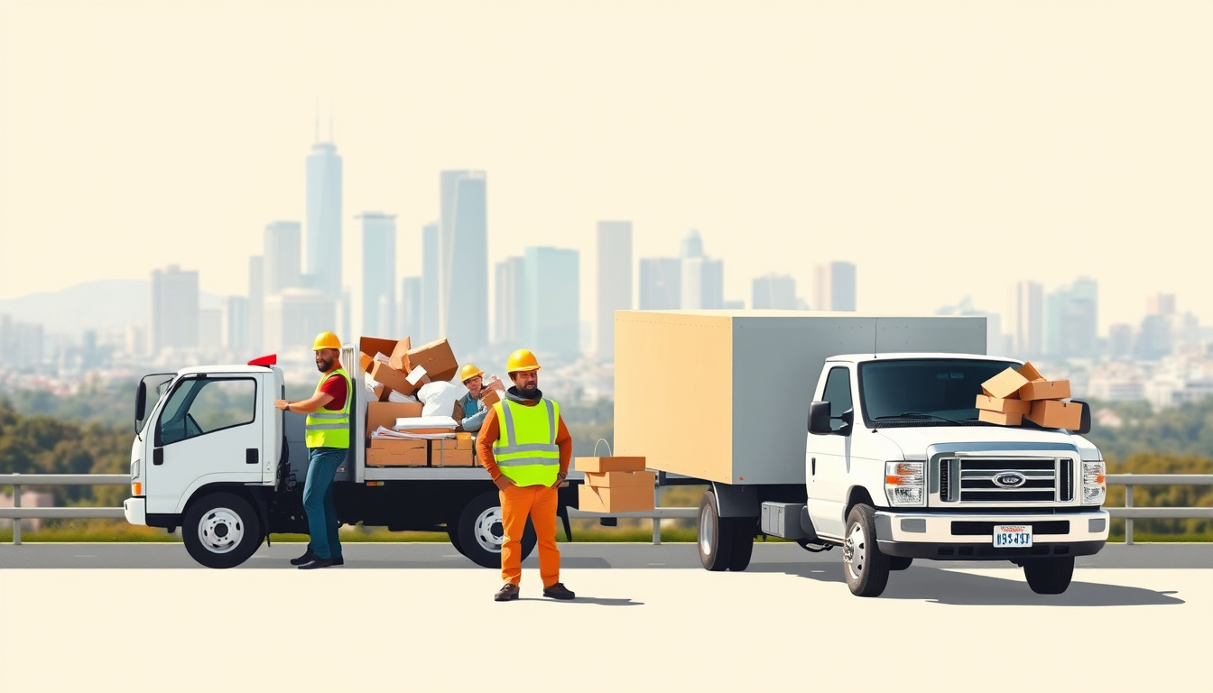  Organized junk hauling team with safety gear, clean pickups, San Diego cityscape backdrop, eco-friendly vibe