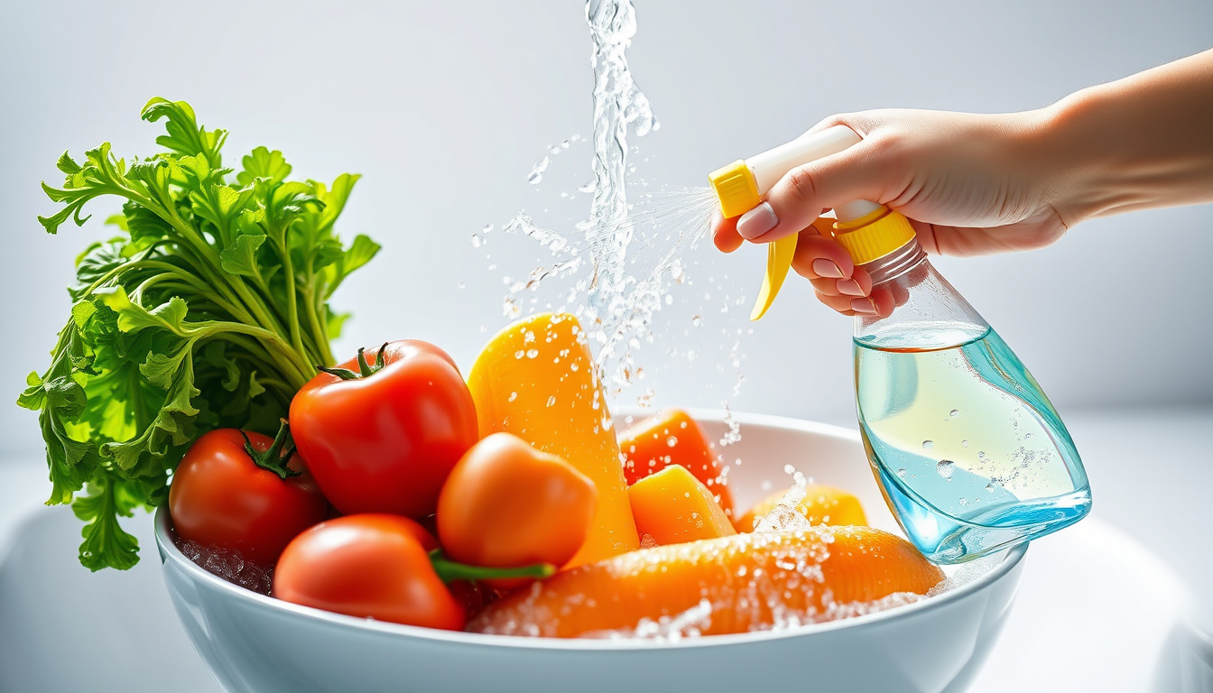  A person washing produce under running water with disinfectant spray