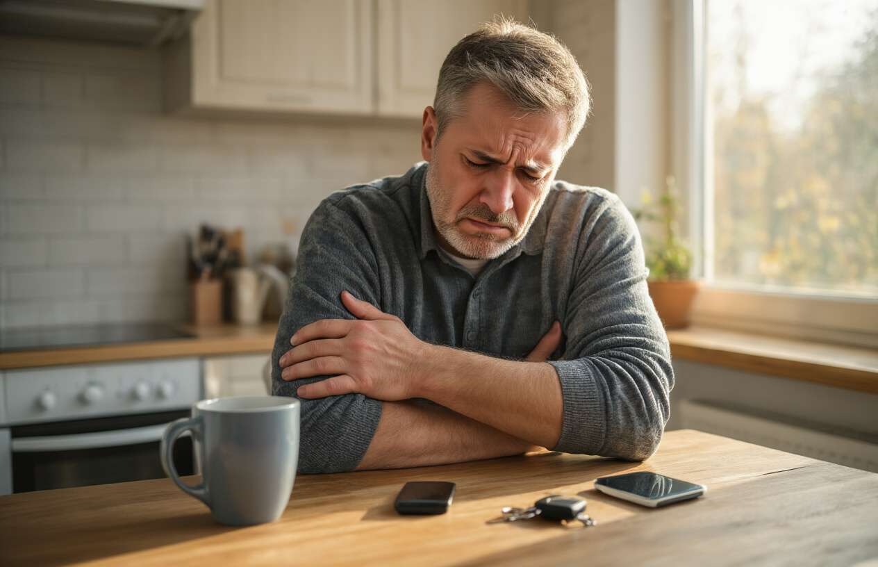 Create a realistic image of a middle-aged white male sitting at a kitchen table holding his right elbow with his left hand, displaying a pained facial expression, with everyday items like a coffee mug, smartphone, and car keys scattered on the wooden table surface, warm natural lighting streaming through a nearby window, showing the struggle of performing simple daily tasks due to tennis elbow pain, absolutely NO text should be in the scene.