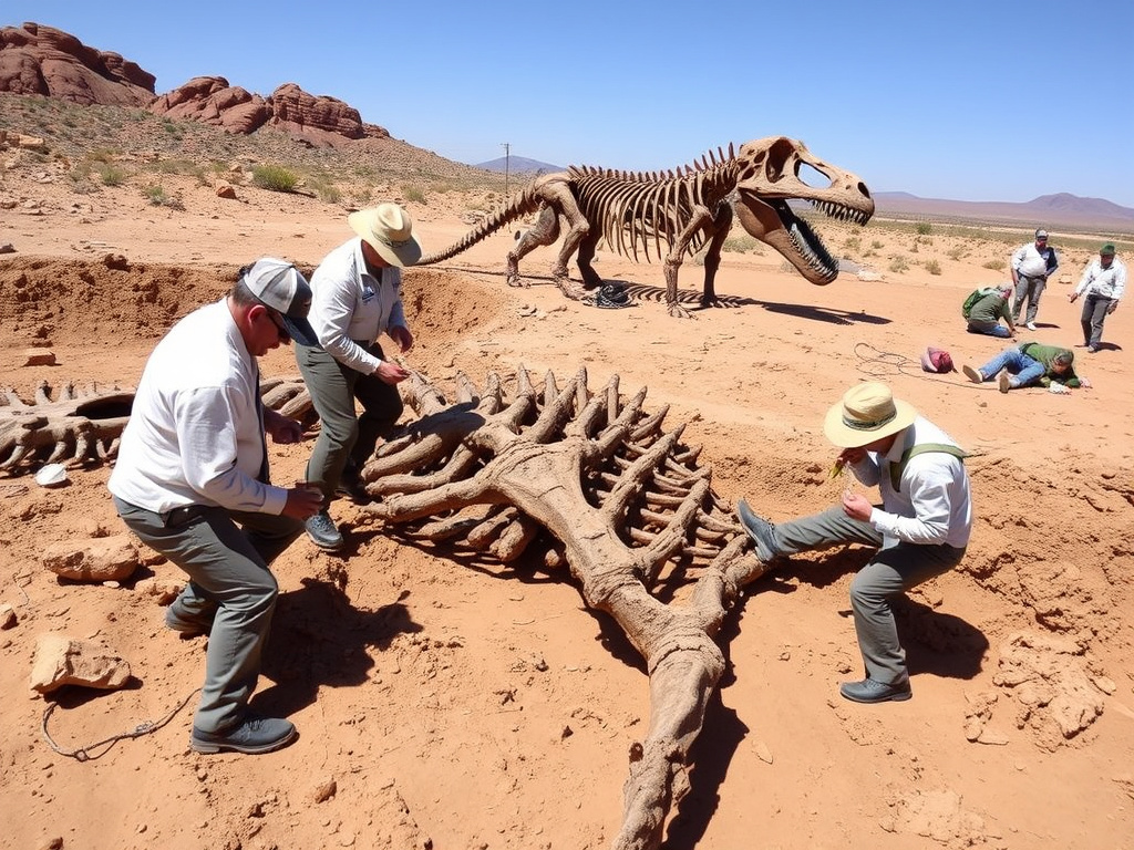 Paleontologists working carefully on a large dinosaur skeleton excavation site, using brushes and small tools, in a desert environment, corporate style.
