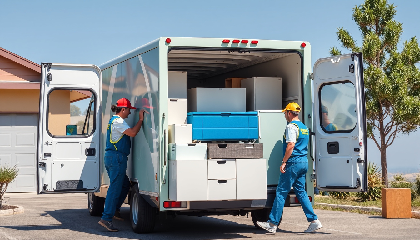  Friendly workers efficiently loading old furniture and appliances into a clean disposal van