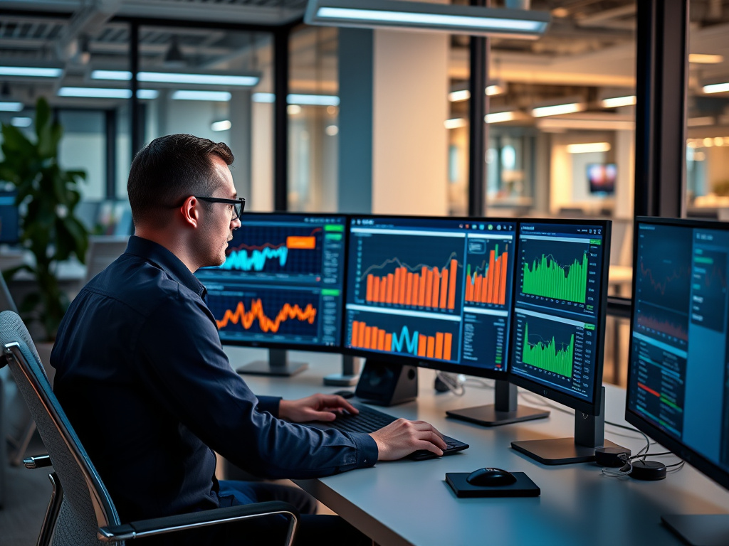 professional analyzing website performance data on multiple screens in a modern office