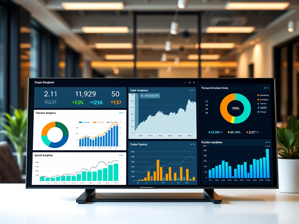 corporate dashboard displaying SEO metrics and analytics in a professional office setting