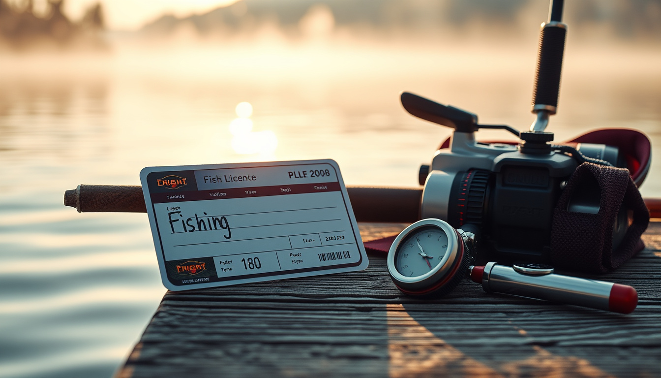  Close-up of fishing license and fishing gear on wooden dock, early morning light, misty lake background