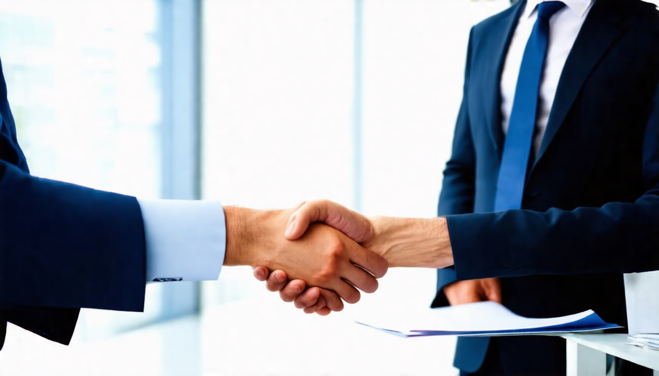  confident business owner shaking hands with agent, secure insurance policy contract, bright corporate setting