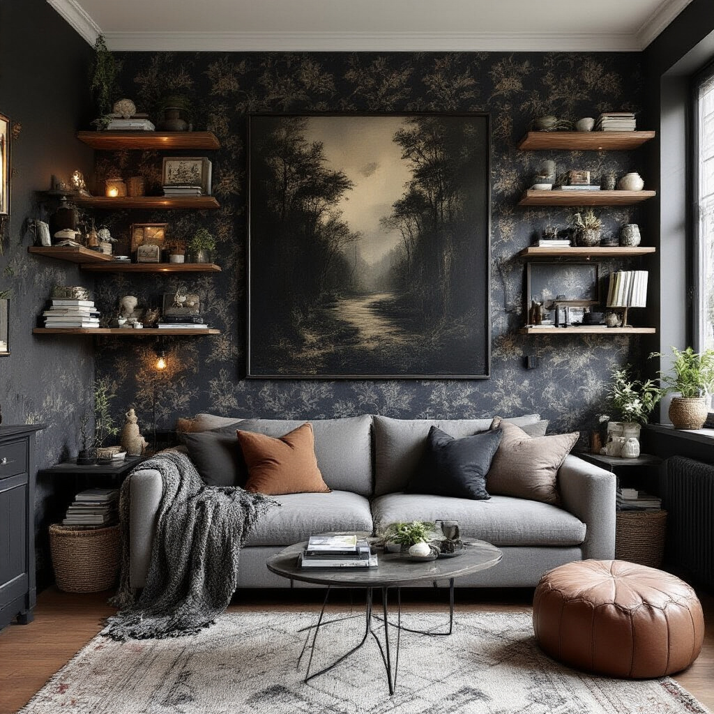 Create a realistic image of a small living room with dark, heavy wall decorations that make the space feel cramped and confined, featuring oversized artwork, too many floating shelves filled with decorative items, and dark-colored wallpaper with busy patterns, all creating an overwhelming visual effect that diminishes the perceived size of the room.