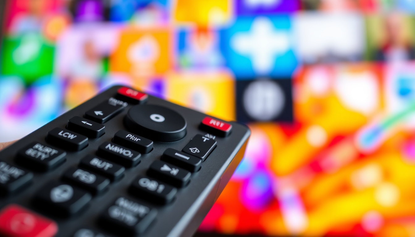  Close-up of remote control with colorful TV screen background —no extra words