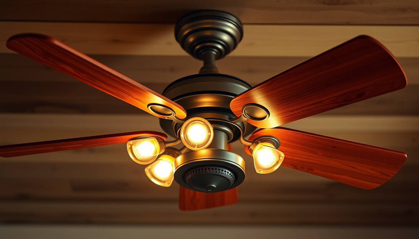  Vintage rustic ceiling fan with wooden blades and warm lighting