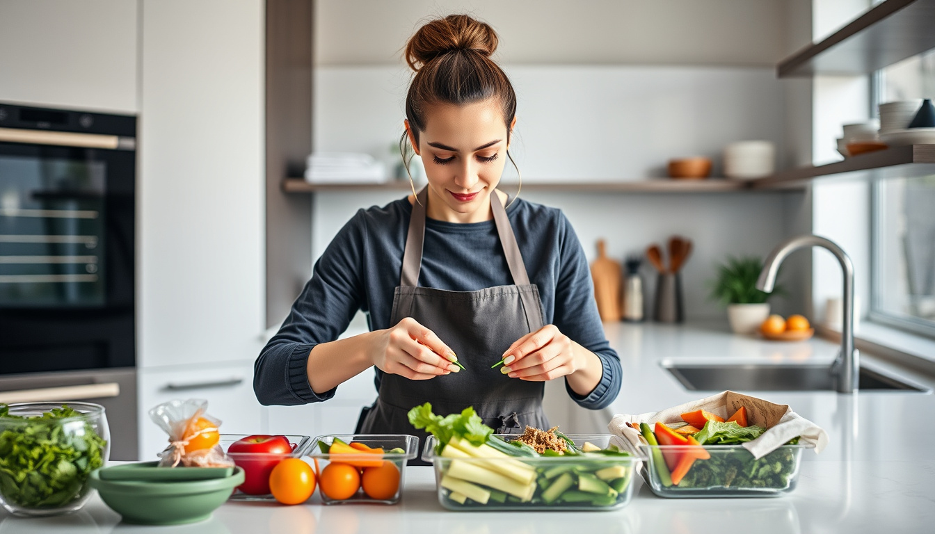  busy person efficiently packing balanced lunches in a sleek kitchen