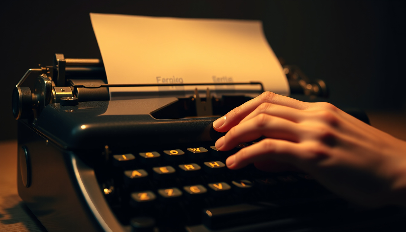  cinematic close-up of hands typing script on vintage typewriter, dim warm lighting