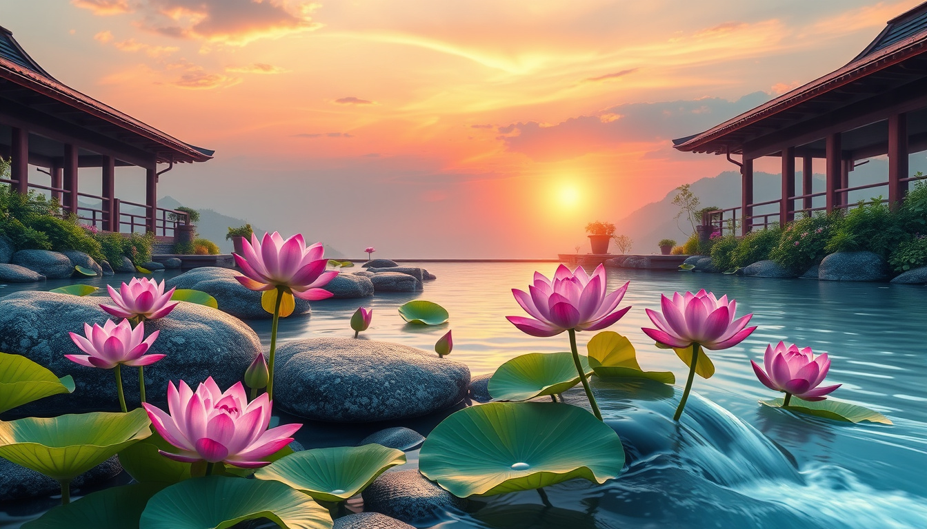  tranquil zen garden with flowing water and blooming lotus flowers under sunset sky