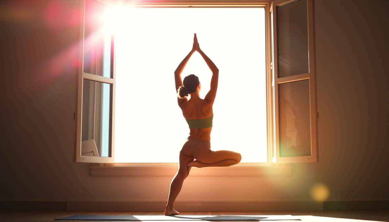  Person doing yoga by sunlight window  —no extra words
