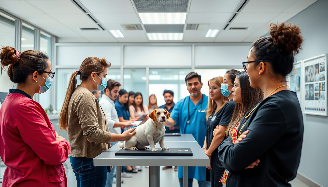 Diverse group attending hands-on veterinary skills workshop, bright training center ambiance