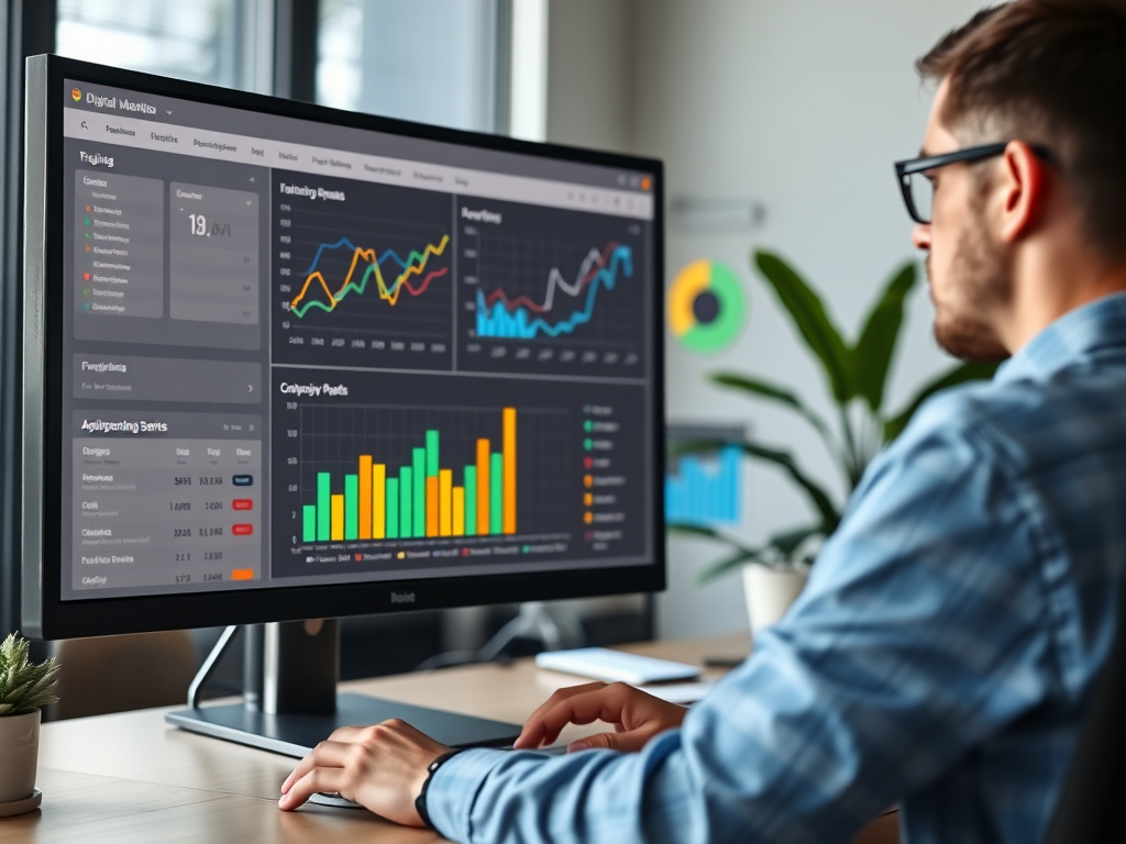 digital marketing professional analyzing website performance reports on a sleek monitor