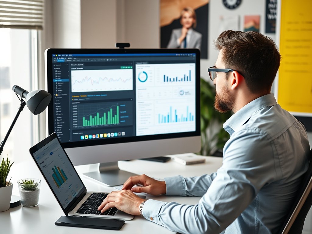 professional office setting showing a digital marketer analyzing backlink profiles on a computer with charts and graphs