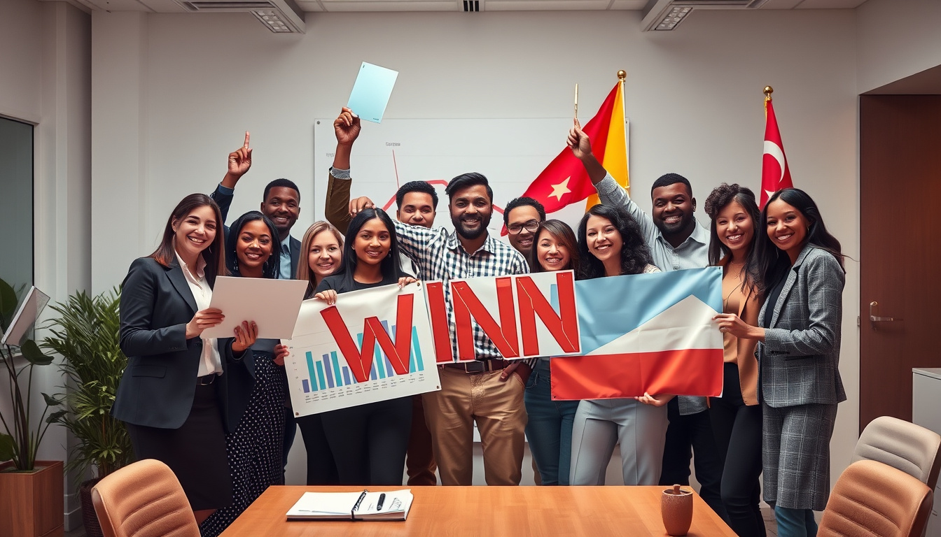  diverse team celebrating small business win, charts and flags, professional environment, bright lighting